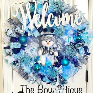 XL Handmade Christmas Holiday Skiing Snowman Ribbon Prelit Wreath 26 ins LED